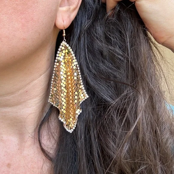 Gold Mesh Statement Earrings with Rhinestone Trim - Picture 2 of 4